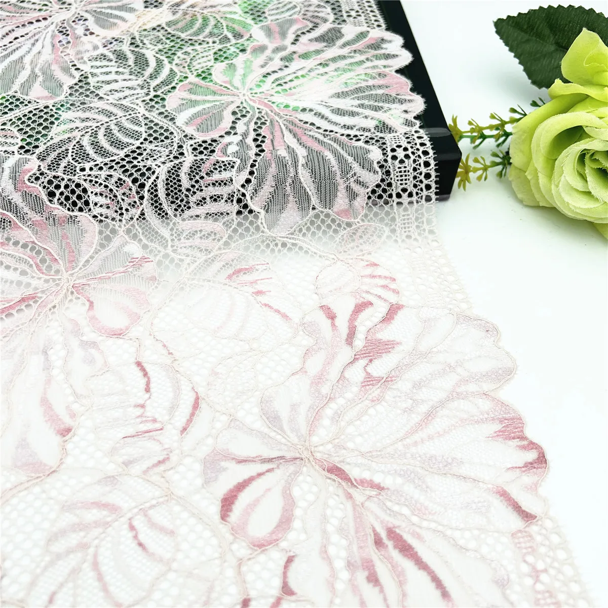 3y/lot Width 22.50cm Pink With White Elastic Stretch Lace Trim 2