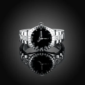 Anelli in Argento Sterling 925 per Donne e Uomini, Stile Orologio con Cristalli Neri, Elegante Gioiello da Festa, Regalo per Ragazze, Charm per Matrimonio