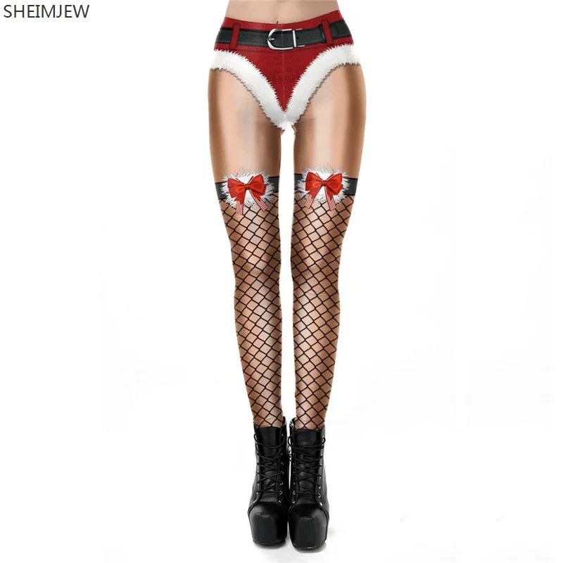 

2023 Women Xmas Leggins Christmas Leggings Stretch Hight Waist Striped Bow Lace Bell's Belt 3D Pants Fitness Noel Trousers