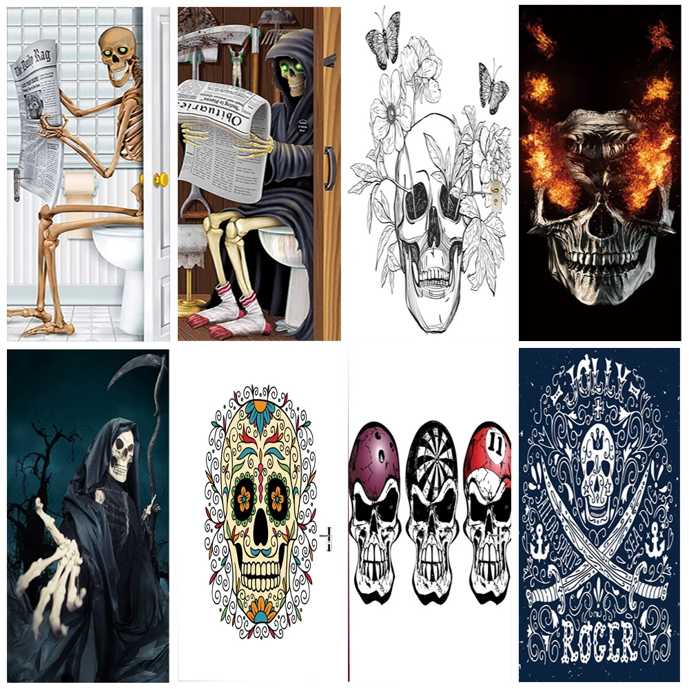 

Skull Pattern Skeleton Door Stickers Halloween Horror 3D Door Mural Waterproof Self Adhesive Wallpaper Creative Wall Decor
