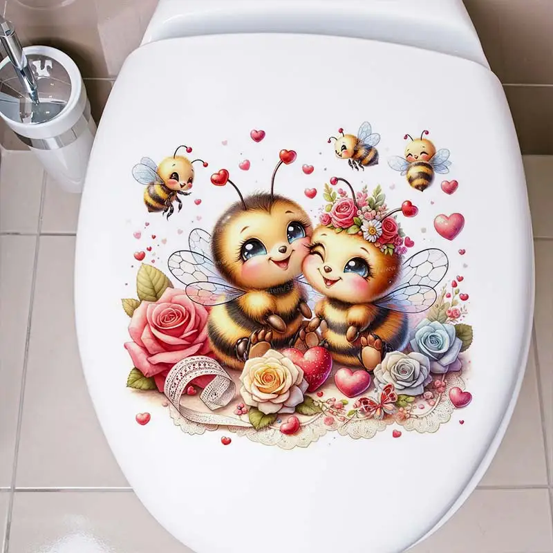 Cute Bee Watercolor Valentines Animal Wall Sticker Bathroom Toilet Decor Living Room Cabinet Home Decoration Decals M1076