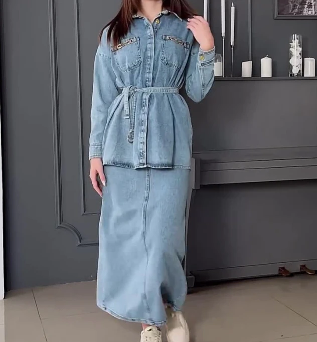 Denim Skirts Set Women 2 Piece Pockets Design Bandage Long Sleeved Top and Casual Skirt Worn Out Washed Casual Denim Dress Set new hot sell women jeans cargo pants design european fashion girls pockets denim pants high waist straight legs