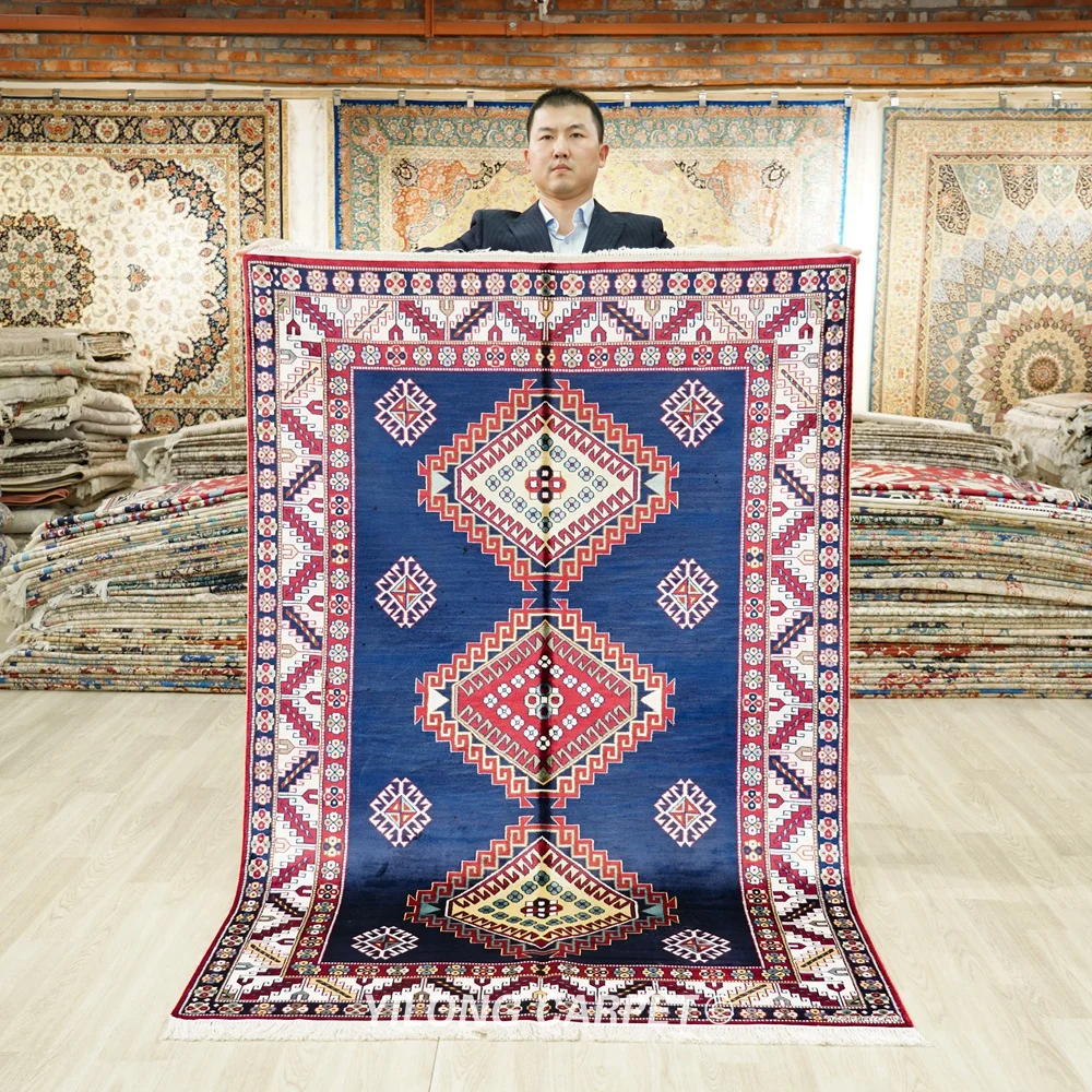 

Плетеный вручную шелковый Племенной коврик 122x183 см, синий ковер в стиле Kazak для гостиной (BL109)