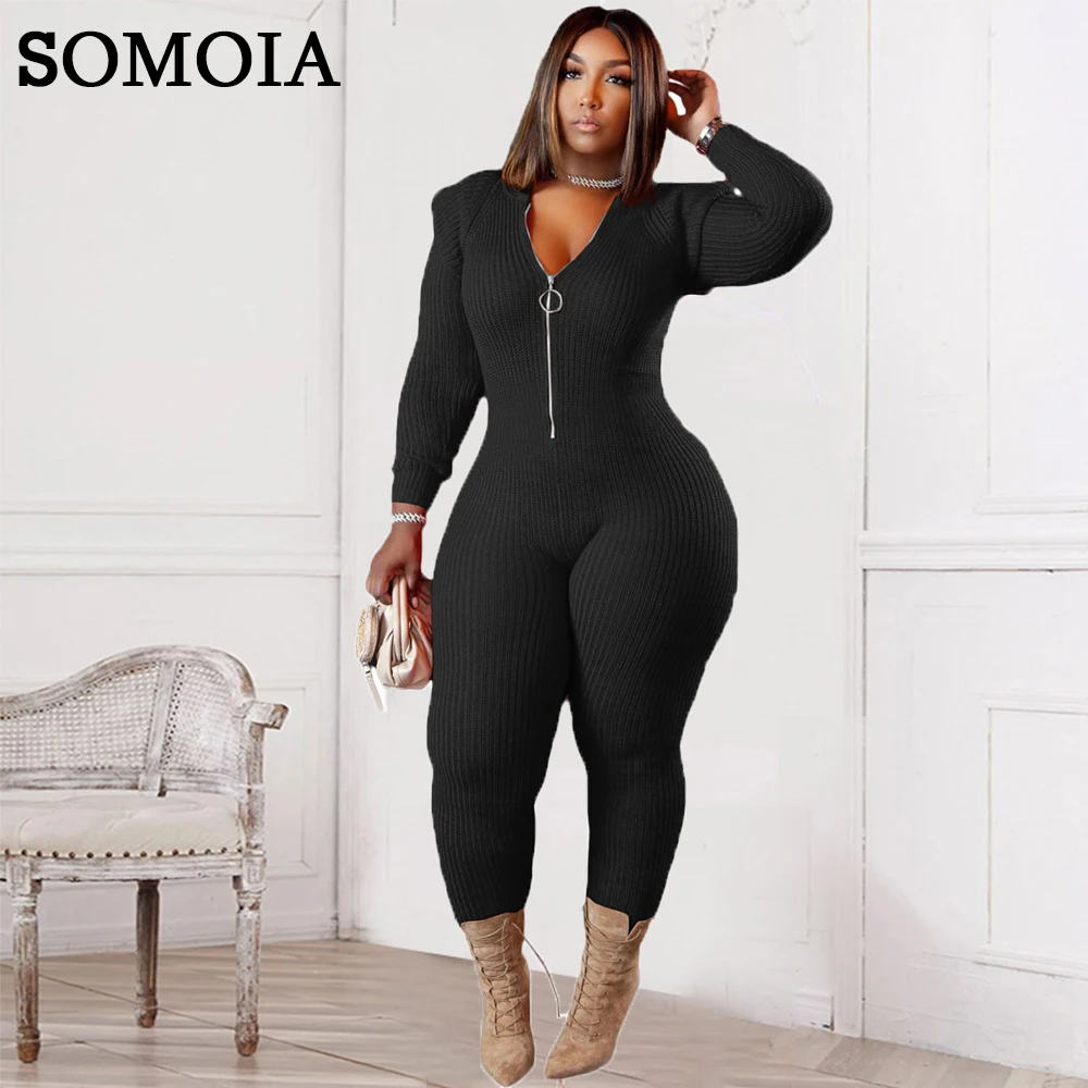 

5XL Plus Size Knitted Wool Jumpersuit Women Zip Up Hoodie Jumpsuits with Shoulder Pads Tights Jump Suit Sexy Streetwear Rompers