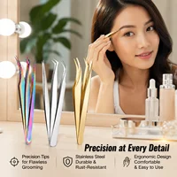Pincettes à cils courbées et droites professionnelles, 3 pièces, en acier inoxydable 45 °   Outil de greffage pour extensions de cils et de sourcils 3