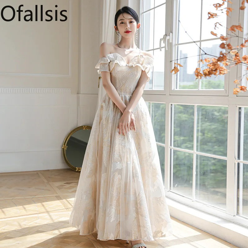 

Ofallsis Champagne Off Shoulder Bridesmaid Dress 2024 New Spring French Style Elegant Evening Dress Fairy Sisters Group Female