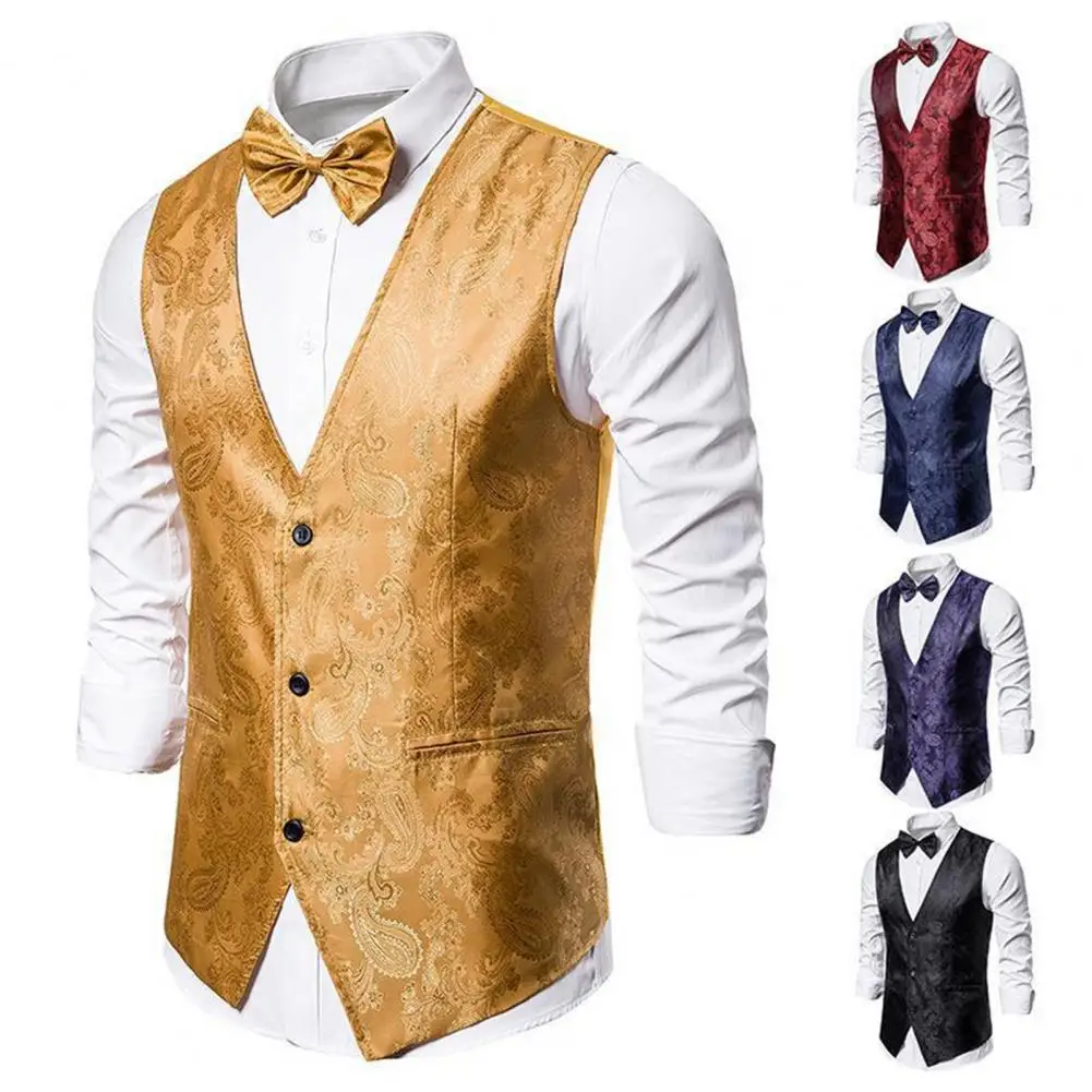 

Button Closure Suit Vest Printed Single-breasted V-neck Suit Vest with Bow Tie Slim Fit Double Breasted Dress Vest for Men