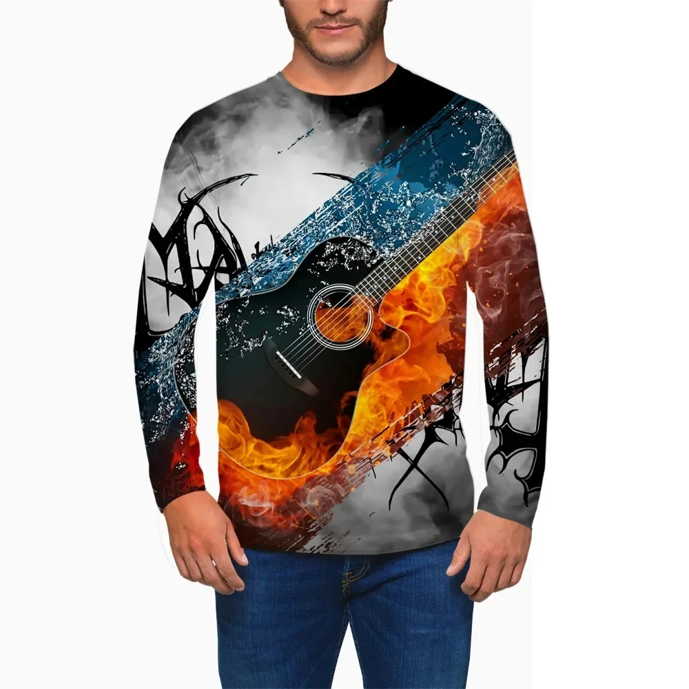 

Spring Men's Fashion Clothing Music Instrument Series Guitar Pattern T-Shirt 3d Printed Round Neck Sports Casual Long Sleeved To