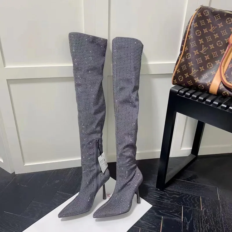 

Autumn and winter new rhinestone pointy head side zipper daily long boots thin high heel dress versatile large knee boots