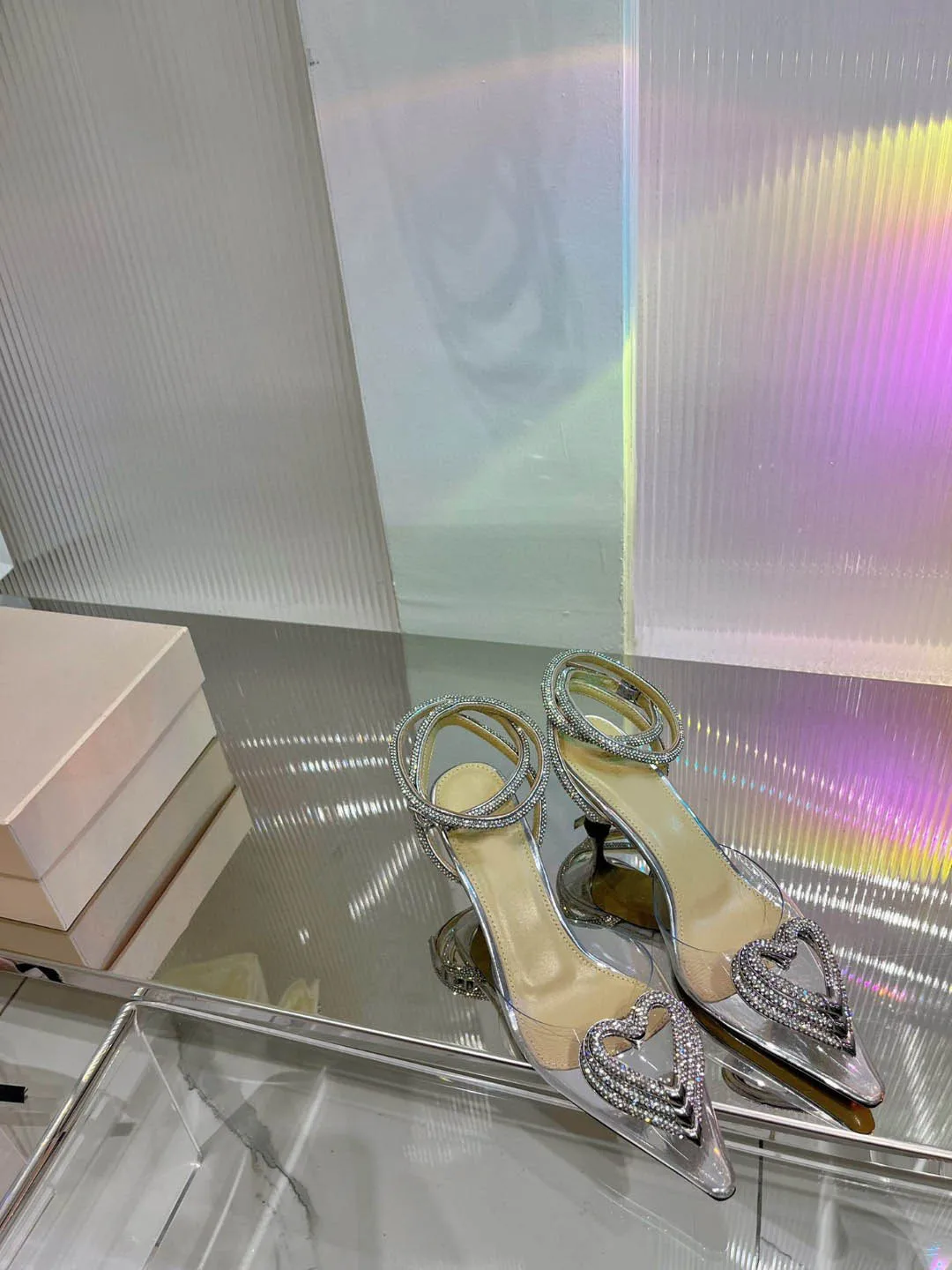 

PVC transparent Clear sandals Crystal Triple Heart satin pumps ankle strap buckle love pointed Toe high-heeled rhinestone Shoes