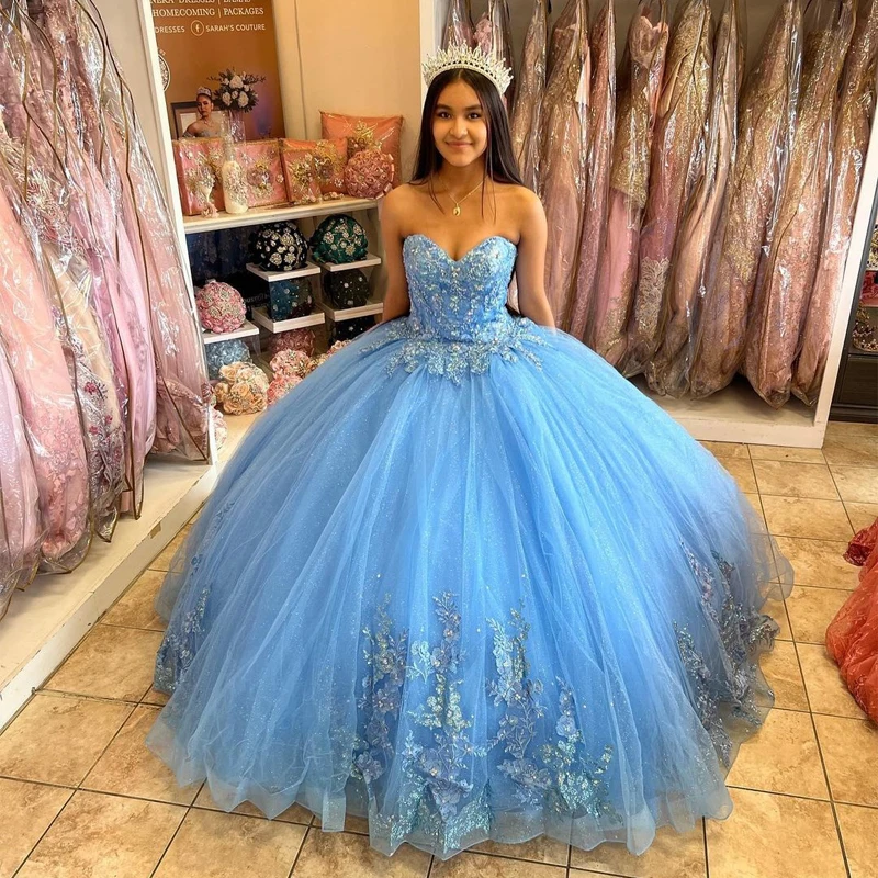 Quinceanera Dresses Blue Ball Gown 15 Party Glitter Tulle Applique Formal Masquerade Cinderella Birthday Gown