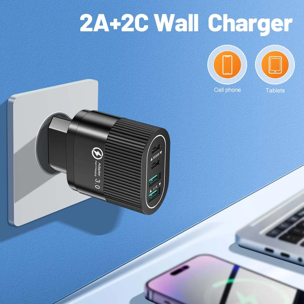 40W USB Charger 4 Ports QC3.0 Mobile Phone Charger Adapter For EU/US/UK Plug iPhone Samsung Xiaomi Wall Mobile Charger
