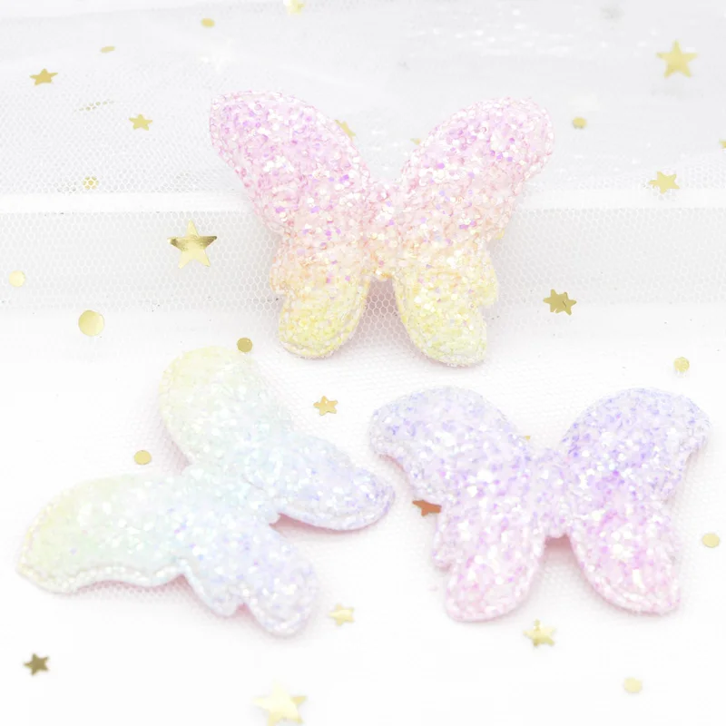 6pcs 52mm glänzende Stoff gepolsterte Patches Glitzer Schmetterling Applikationen für Handwerk Kleidung Aufkleber liefert DIY Haars pangen Ornament