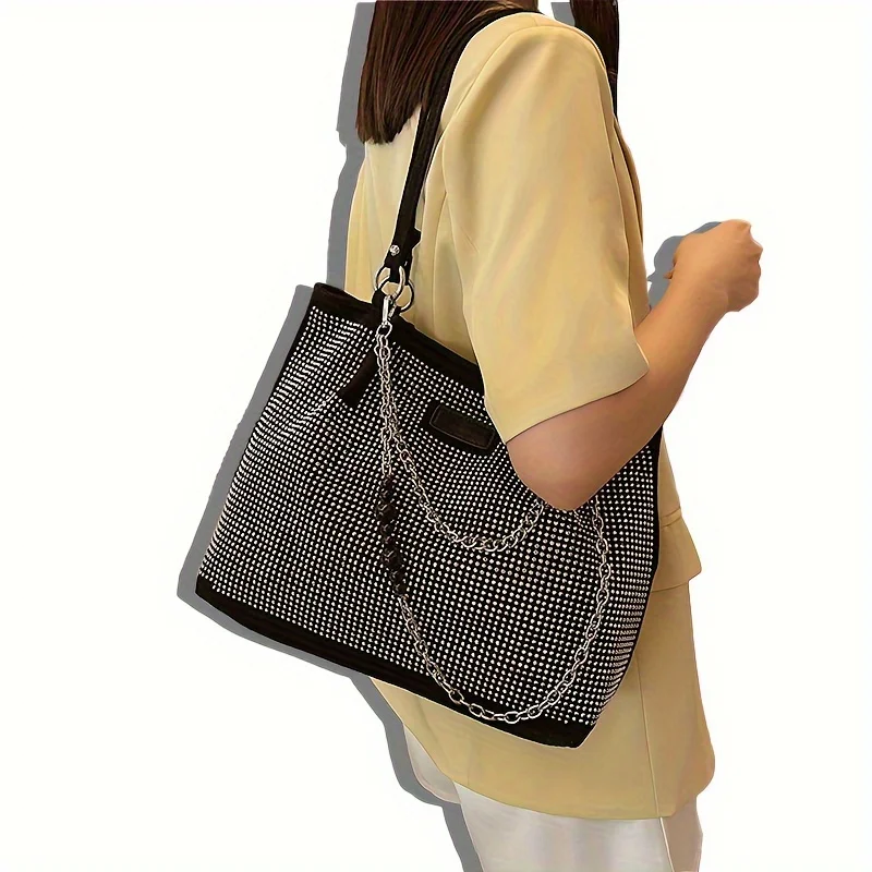 Shiny Rhinestone Shoulder Bag, Trendy Chain Decor Tote Bag, Glitter Bling-Bling Handbag For Women