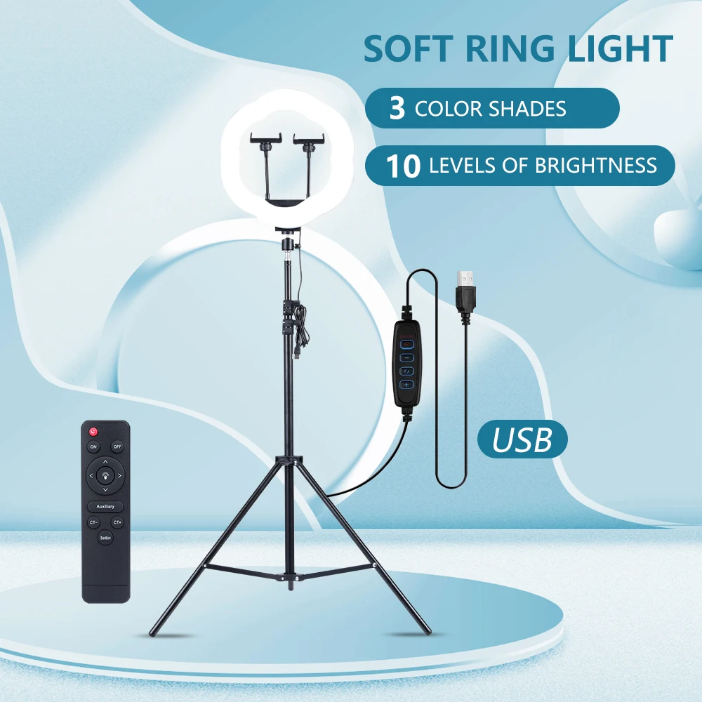 

13-inch Super-Bright LED Plum-Blossom Selfie Fill Light/Tripod Bracket /Phone HolderX2/Remote Control/ For Live Video Shooting
