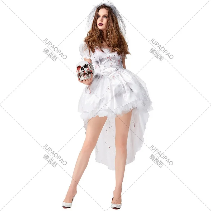 Zombie Death Bride Costume Adult Female Halloween Carnival Ghost Vampire Role Play Uniform, White Ghost Bride Blood Clothes