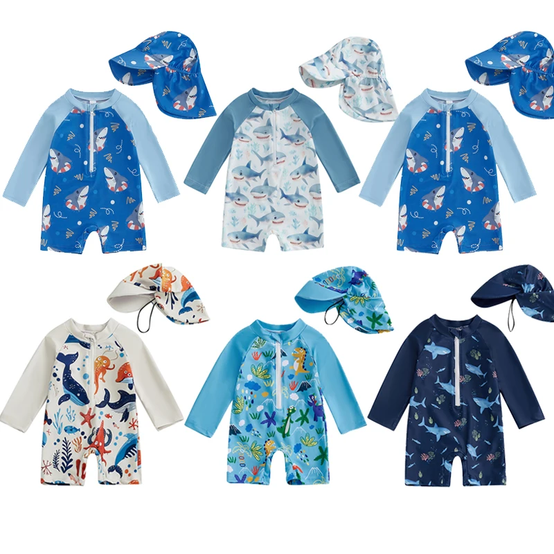 Kids Boys Swimsuits Fashion Printed Long Sleeve Half Zip-up Rompers Swimwears with Sun Hat 2 Pcs Bathing Suit for 1-5Years