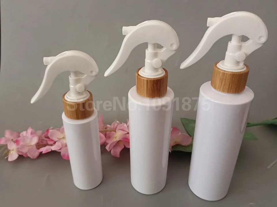 10pcs 100ml 200ml 250ml 500ml White Plastic Bottle With Bamboo Trigger Sprayer Mist Spray Bottle Cosmetic Pet