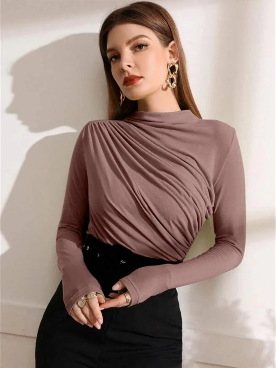 Bornladies Women's Fashion Pleated Long Sleeves Stylish Office Lady Slim Fit Solid Color T-shirt Autumn Winter Female Base Top