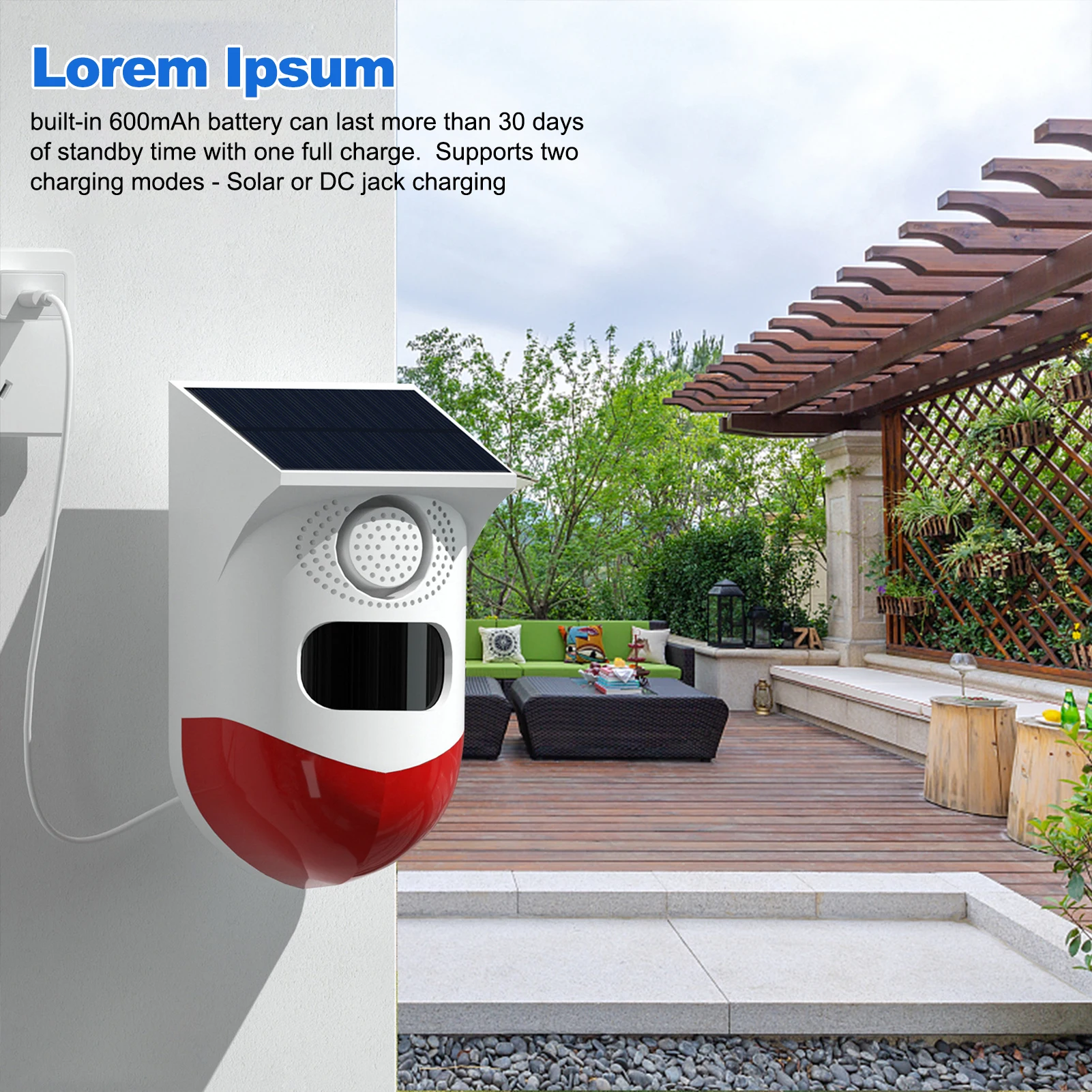 Outdoor Solar Motion Sensor Rechargeable Sound Alarm 120dB Loud Siren Strobe Lights Adjustable Sensing Distance Waterproof Siren