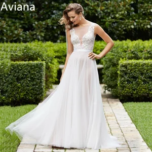 Женское кружевное свадебное платье Aviana, ТРАПЕЦИЕВИДНОЕ ПЛАТЬЕ на бретельках-спагетти с круглым вырезом и аппликацией, платье невесты со шлейфом
