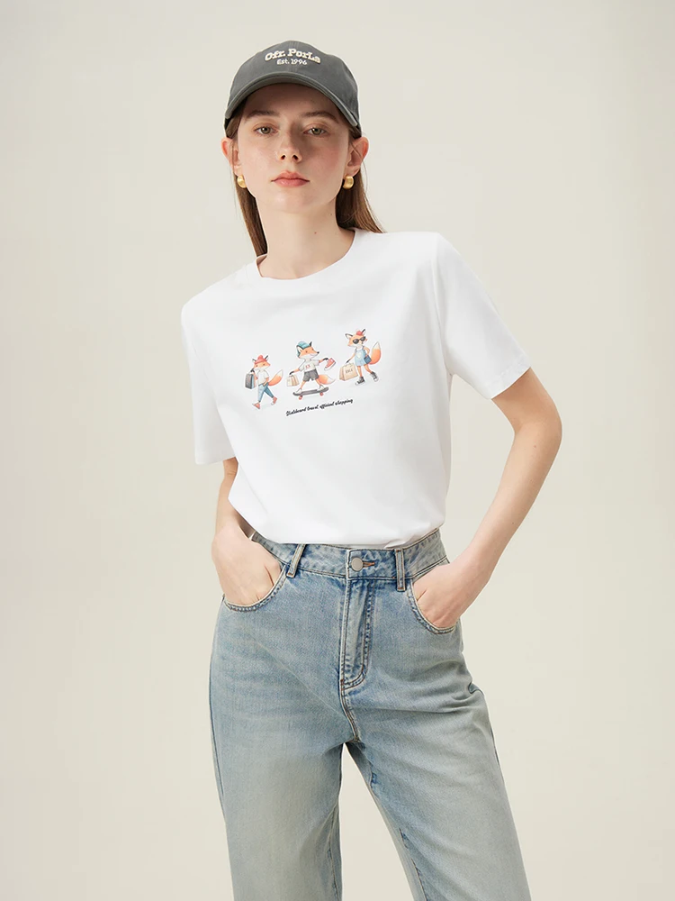 

FSLE White Round Neck Short-sleeved T-shirt for Women 2024 Niche Summer Fox Print Design All-match Top for Female 24FS12086