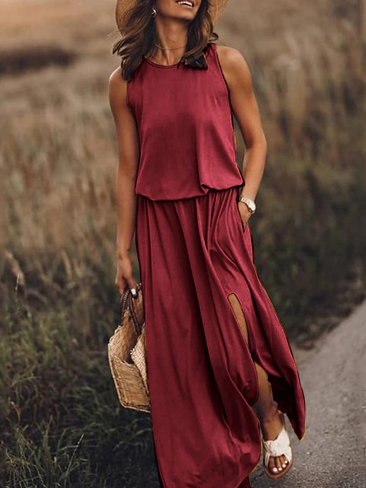 

Dresses Ladies 2023 Summer Long Dresses for Women Round Neck Sleeveless Dress Split Solid Casual Commuter One Piece Summer Beach