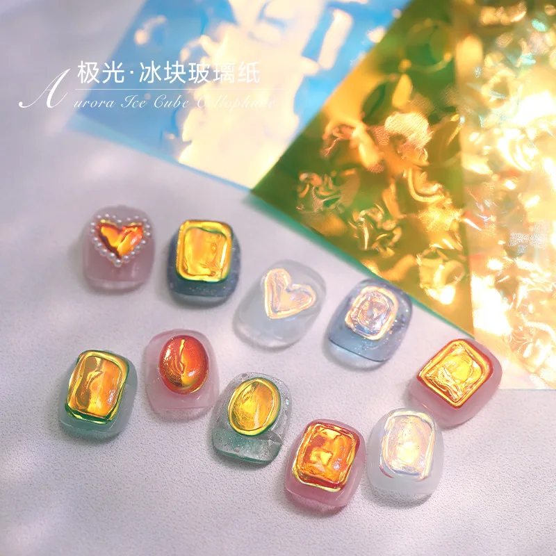 Aurora Ice Glass Paper Nail Foil Sticker Laser Holographic Cellophane Nail Decals Rainbow Reflective Candy Stickers 11pcs
