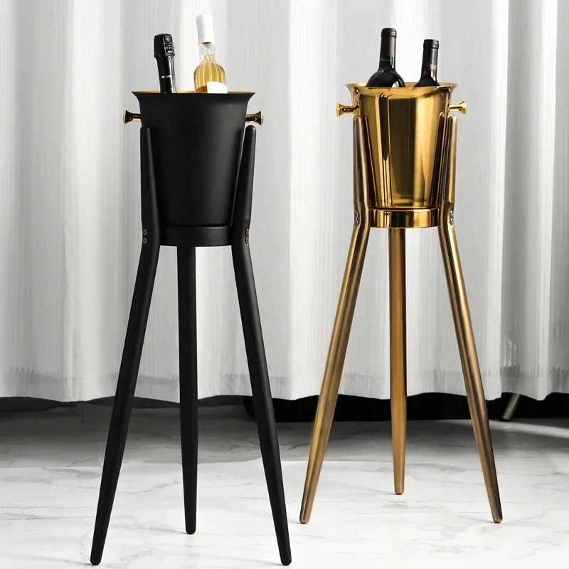 Stainless Steel Chilled Beverage Bucket Set, Floor Stand Three-Legged Champagne Cooler, Bar Club Drink Chilling Ice Holder