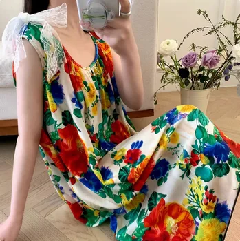 Women's Spring/Autumn Cotton Satin Nightgown - Summer Luxury Loungewear, Long Beach Dress, Trendy Elegant Homewear