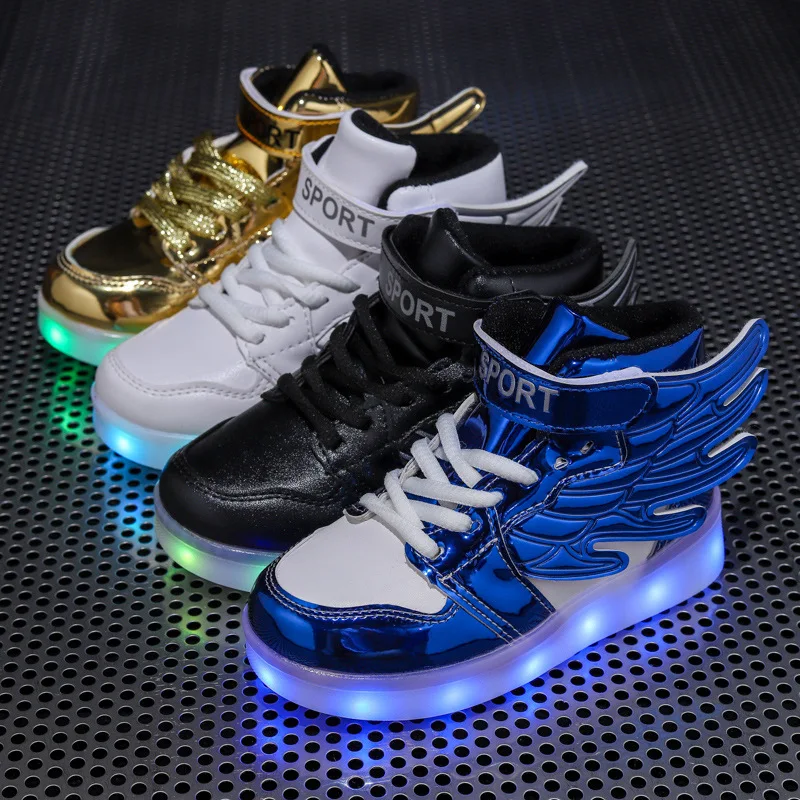 

USB Charger Boys & Girls Children LED High Shoes Fashion Lighted Sports Casual Little Kids Sneakers With Wing Size 25-37