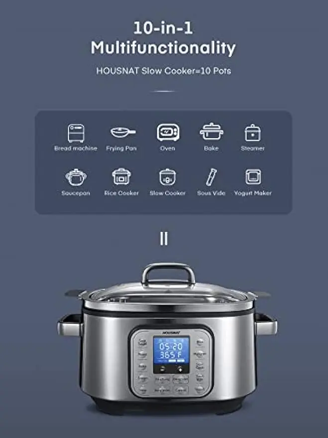 Aicook SH-MC522 Slow Cooker, 10 in 1 Programmable Cooker, 6qt Stainless Steel