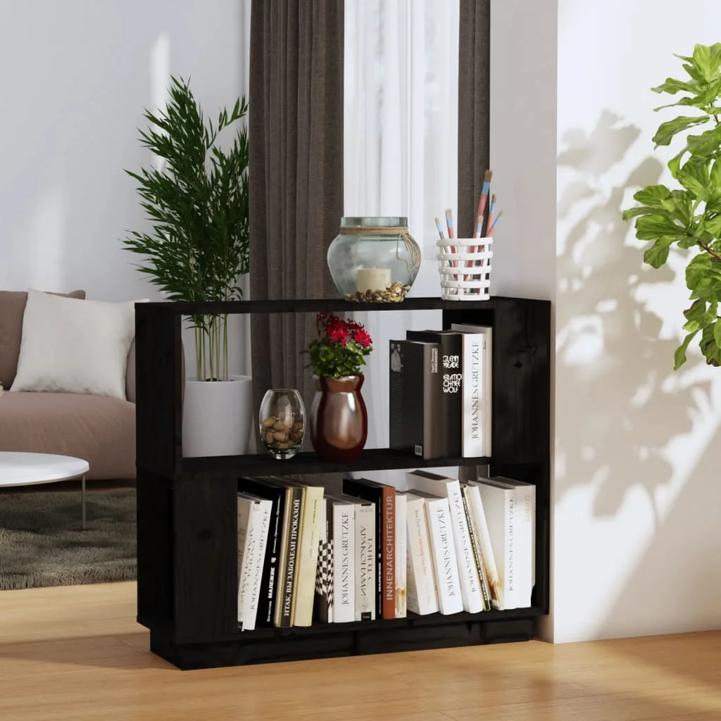 Black 80x25x70 Cm Solid Pine Bookcase/room Separator, Bookshelf