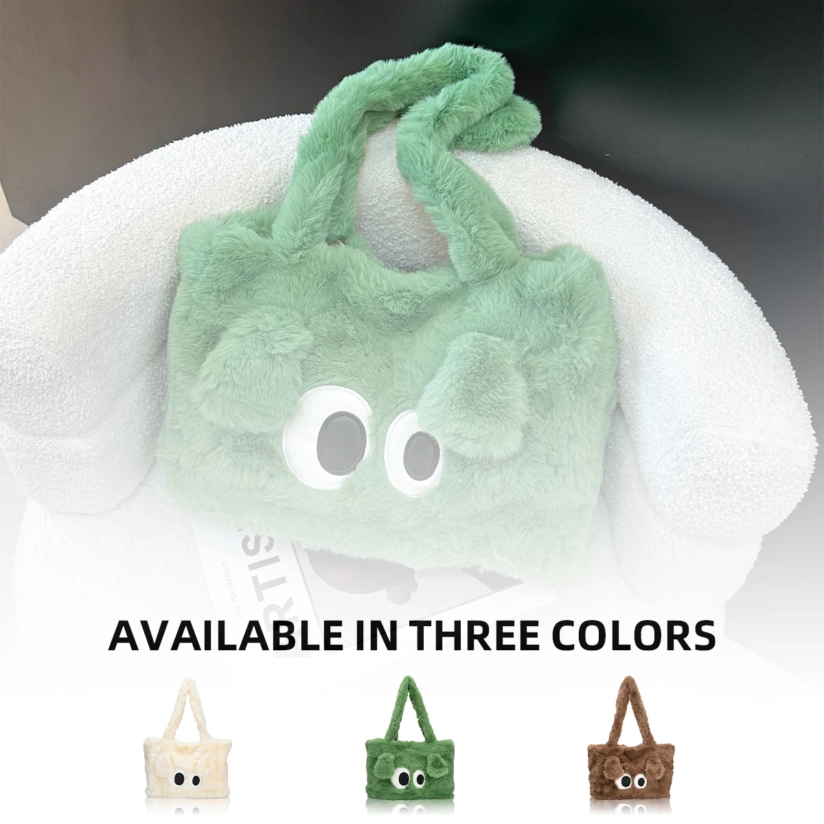 Cute Plush Shoulder Bag for Autumn and Winter, Large Capacity, Versatile Commuter Bag, Big-Eyed Tote Bag, Women's Furry Bag for Work, Students, and Classes