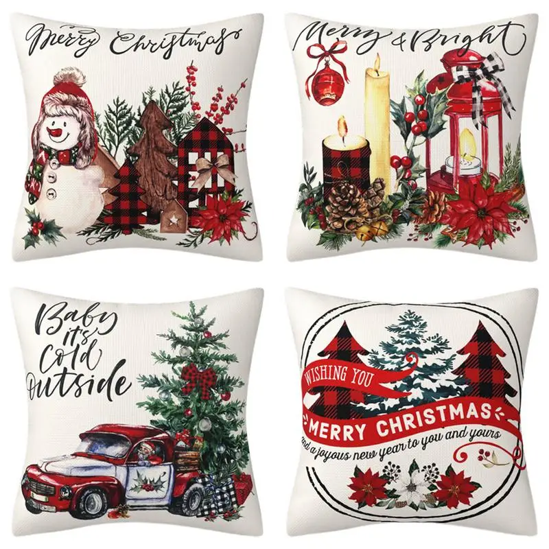 

Christmas Cushion Cover Set Of 4 Decorative Zipper Design Throw Pillow Soft Cases Seasonal Decors For Beds Chairs Car Computer