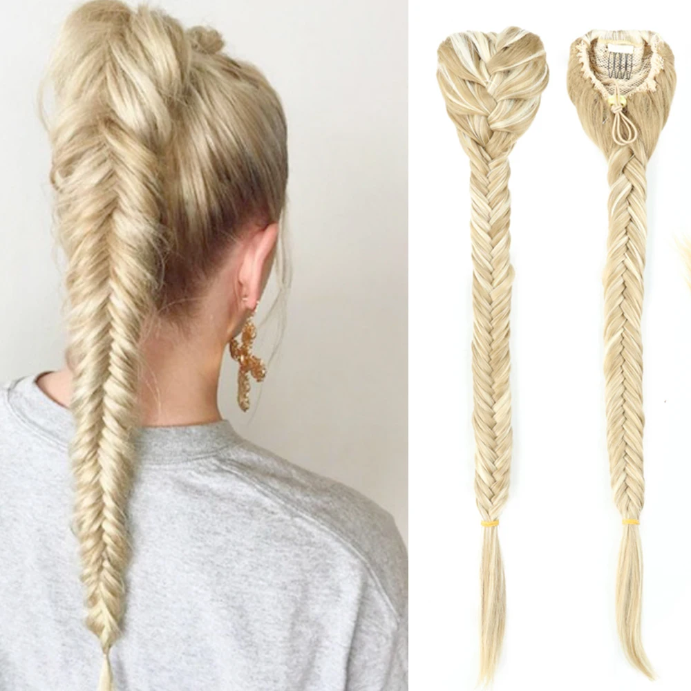 20 Inch Long Straight Synthetic Hair Extension Braided Fishtail Fishbone Drawstring Ponytail Hair Ombre Blonde White Women fake hair extensions