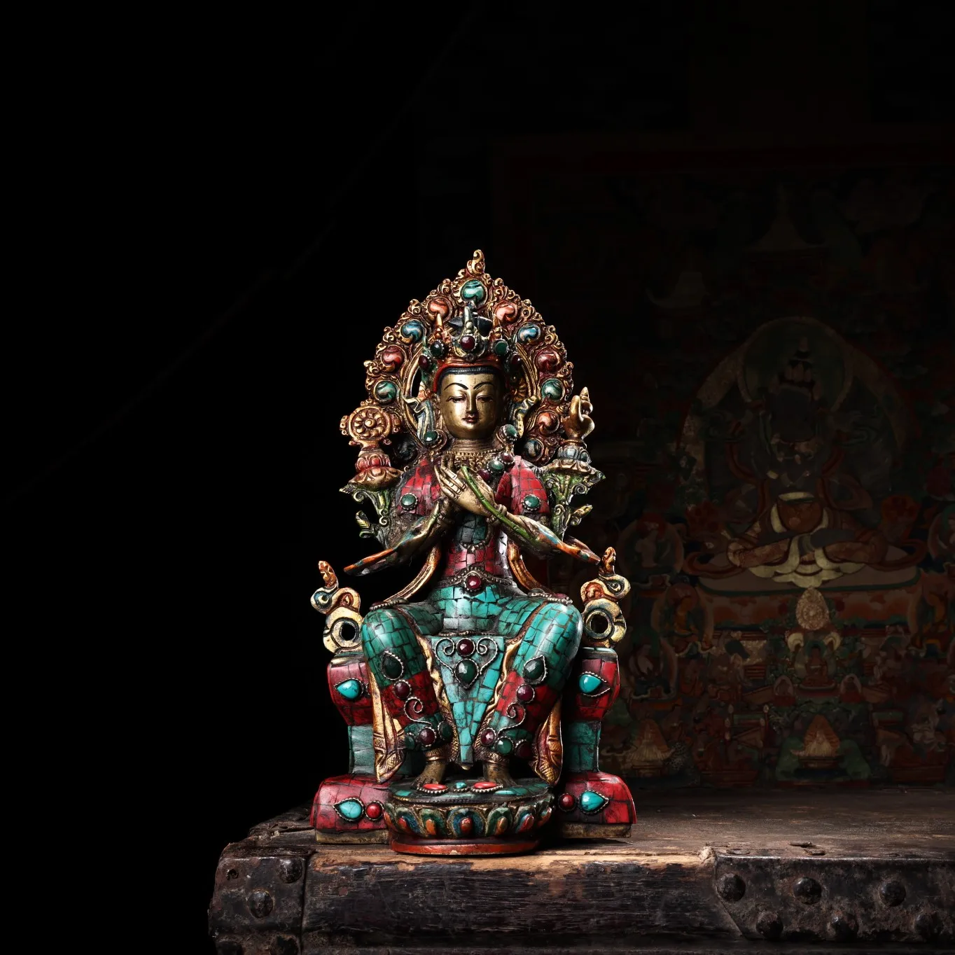 

11"Tibetan Temple Collection Old Bronze Outline in gold mosaic Gem Turquoise Maitreya Bodhisattva Buddha Amitabha Worship Hall
