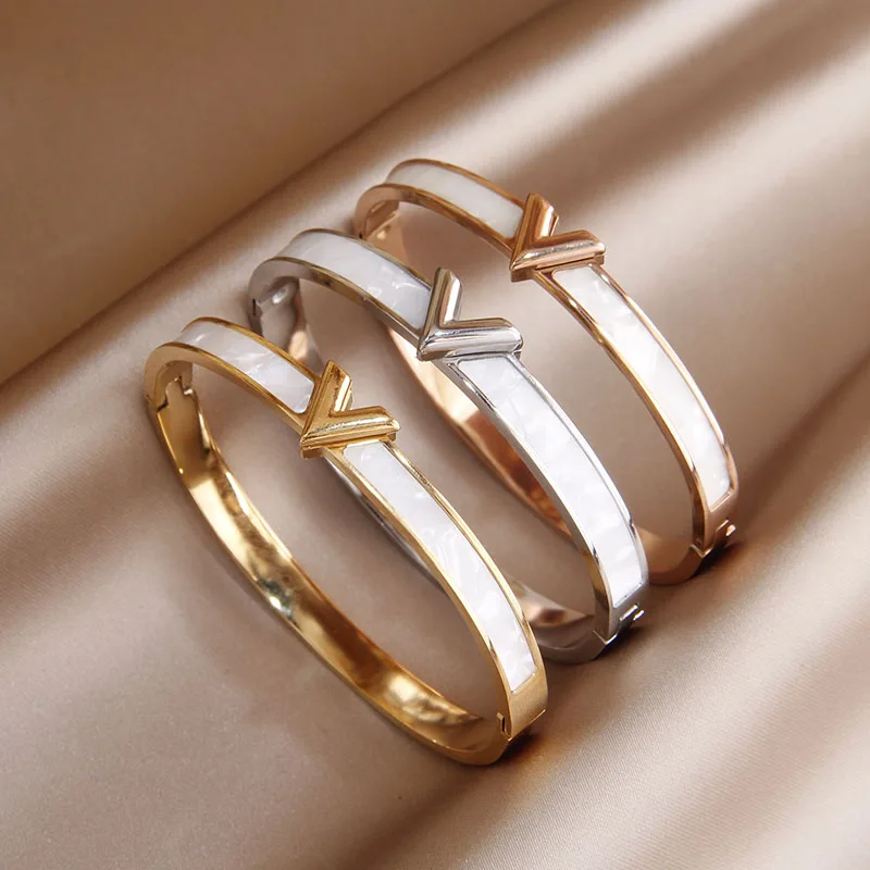 Stainless Steel Letter V Bangle Bracelets for Women Fashion Crystal Party Accessories Gifts
