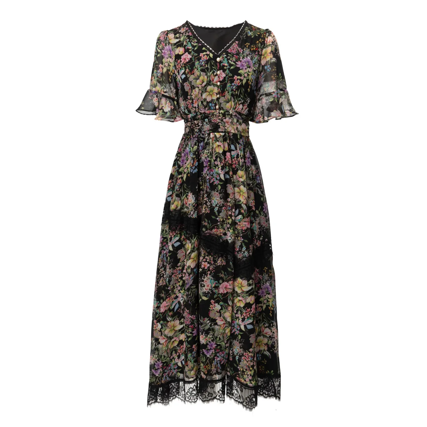 

Europe and the United States women's 2024 summer new V-neck Flared sleeve short sleeve flower print fashion Black pleated dress