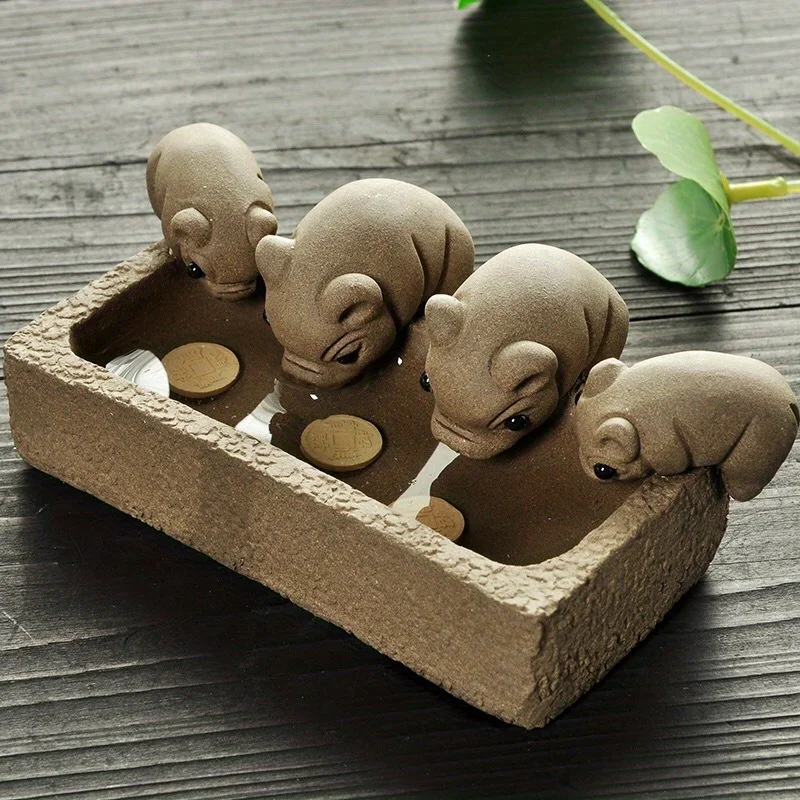 Handcrafted Four Little Pigs Drinking Water Purple Sand Figurine Sculpture, Statues for Decoration, Living Room Decoration