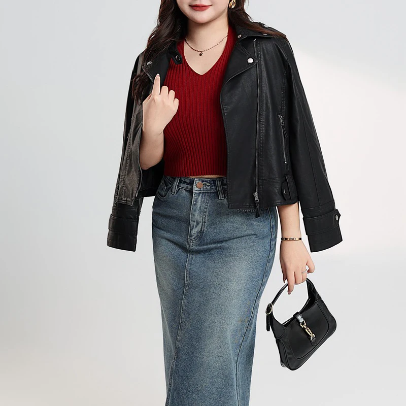 Plus Size Women's Motorcycle Jacket Premium European Style Black Imitation Sheep PU Leather Handsome Coat Slim Fashion Autumn
