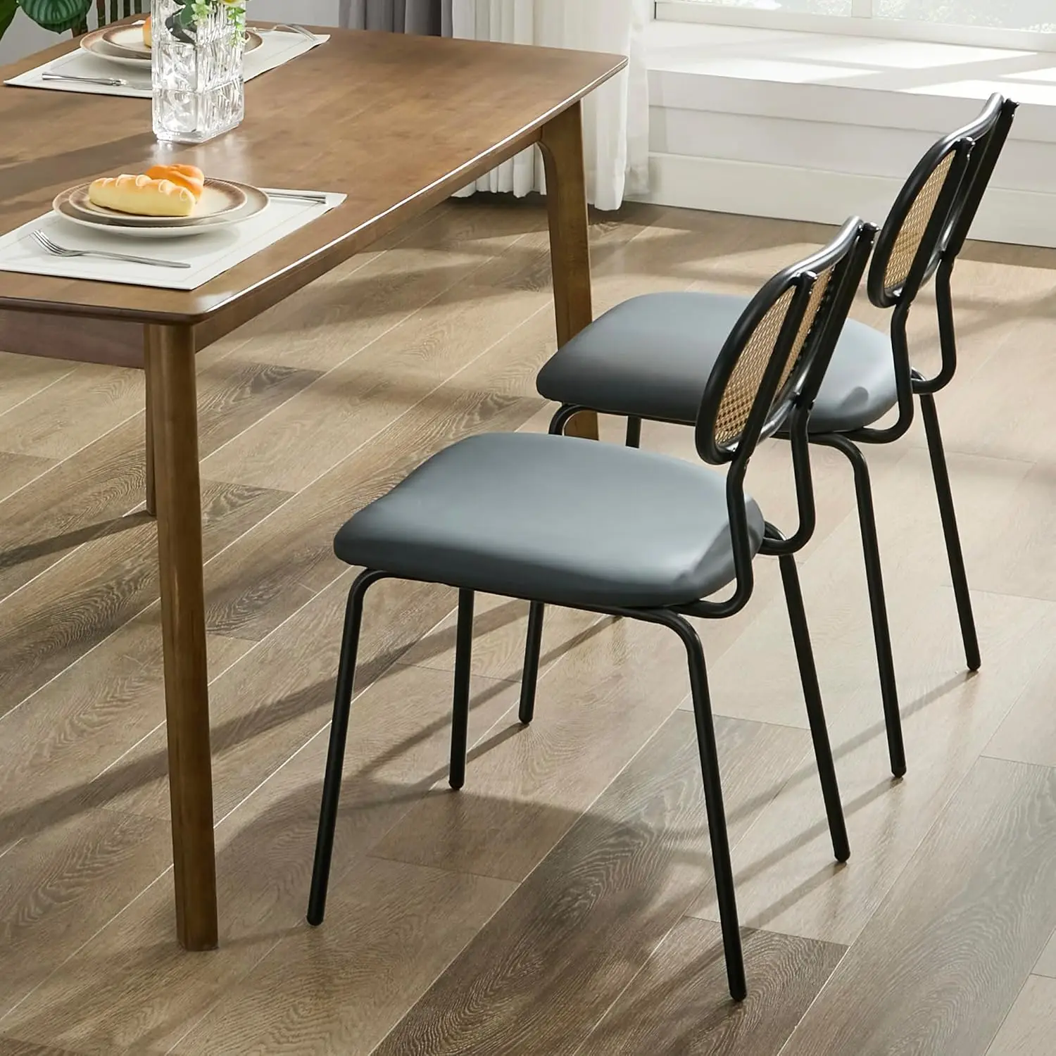 Dining Chairs Set of 2 Rattan Kitchen Chairs Black Leather Boho Dining Room Chairs Mid Century Modern Woven Upholstered