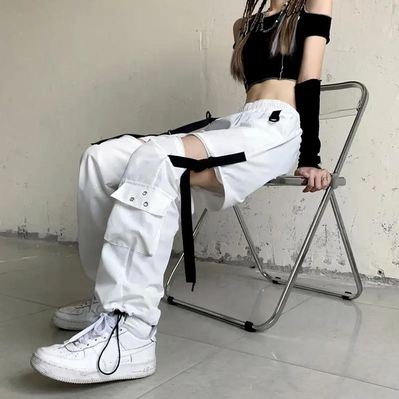 Korean Detachable Y2k Pants Casual Loose Solid High Waist Patchwork Hollow Out Pantalones 2022 Draw String Punk Wide Leg Pant 2