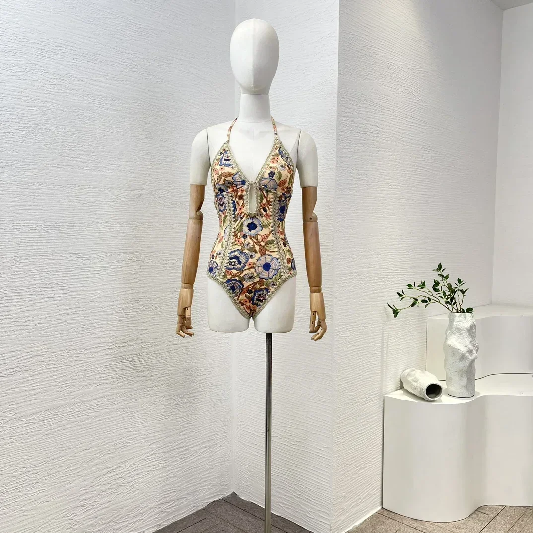 

2024 New High Quality Stretchable Overall Self Tie Back Floral Print Sleeveless Lace-up Women Bodysuit Swim Wear