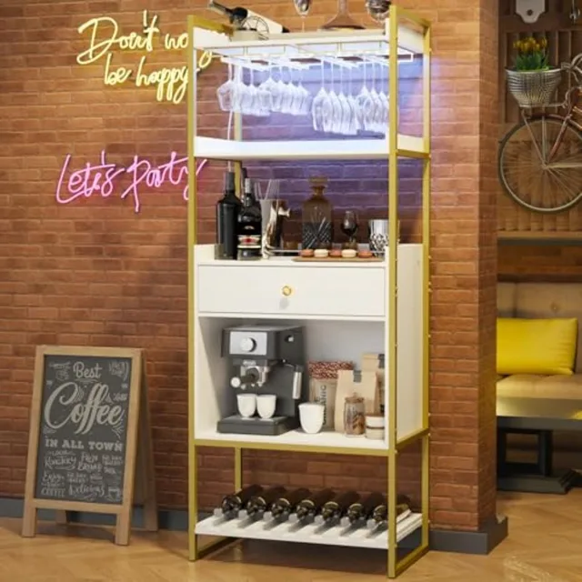 Wine Bar Cabinet with LED Lights Industrial 67" Tall Coffee Bar with Glass Rack Liquor Cabinet Wine Rack Storage Metal Wood Sid