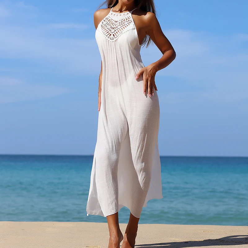 Summer Vacation Sun Protection Beach Cover-Up Dress, Casual Loose-Fitting Side Slit Sundress, Comfortable Plain Design 1