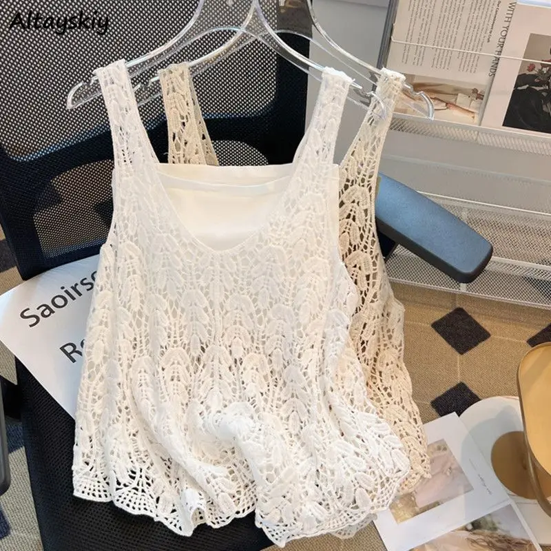 

2 Piece Sets Women Outfit Hollow Out Tanks Crop Tops Camis Summer Tender Hotsweet Casual Fashion Y2k Girls Classic All-match Ins