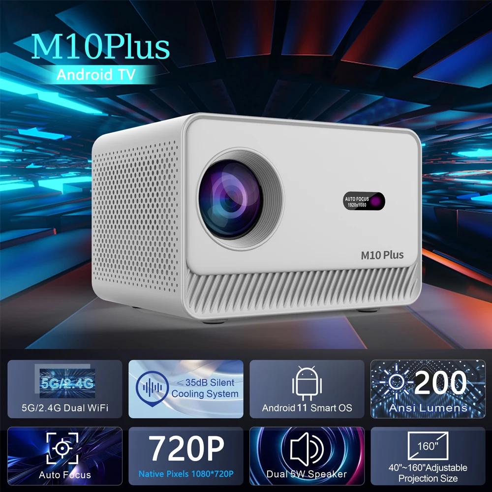 M10 Plus Projector 8K Android 11.0 Support 1080P Theater Auto Focus Auto Keystone Correction Wifi6 HDR Video BT5.2 Projector