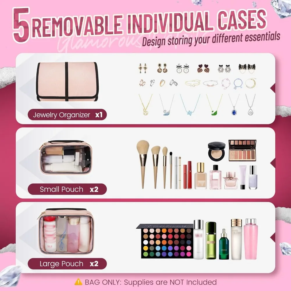Large Travel Cosmetic Organizer Bag with 4 Removable Boxes Jewelry Roll Polyester Storage Pouch for Makeup Accessories 4