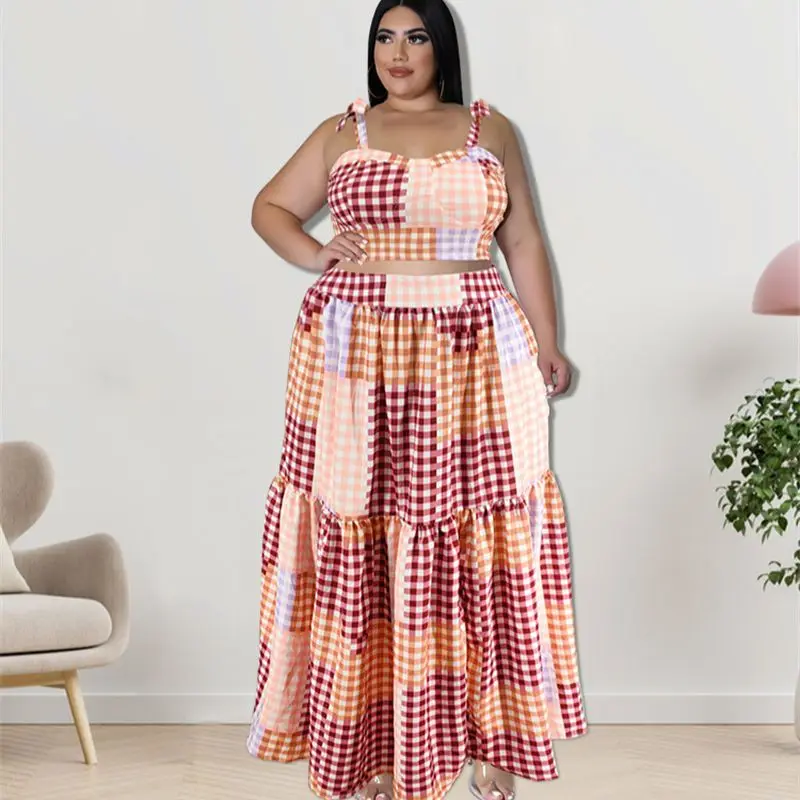 Plus Size Two Piece Dress Plaid Sleeveless Top Casual Loose Dress Korean Style Elegant Outfit 2023 Summer Female Matching Sets